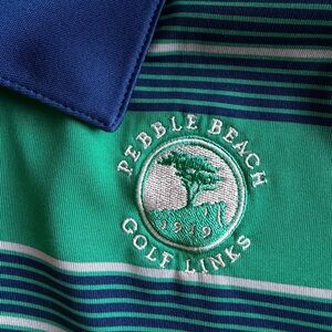 PEBBLE BEACH ⛳️ Men’s Navy & Green Striped ‘PBGL’ Logo PerfGolf Shirt - Size LG